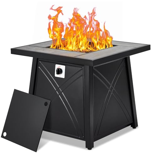 28 Inch Propane Fire Pit, Outdoor Gas Fire Pits Table 50,000BTU Squre Firepits Table with Lid and Lava Rock for Yard Patio Garden Outside Party