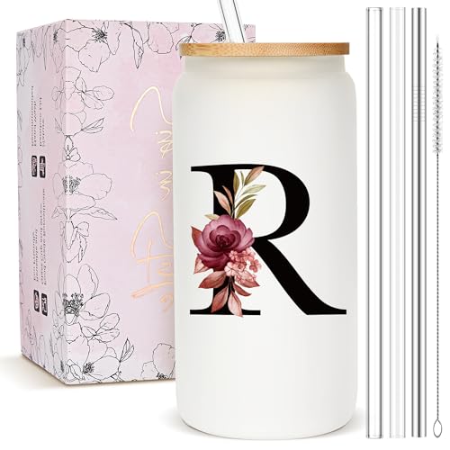 Personalized Gifts for Women, Monogrammed Frosted Glass Tumbler with Straw and Lid, Cute Customized Mug, Custom Initial Iced Coffee Glasses, Customizable Drinking Cup, Birthday Teacher Woman, R