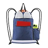 BeeGreen Blue Drawstring Backpack Bag for Sports Gym Cinch Bag w Zipper Front Pocket Heavy Duty...