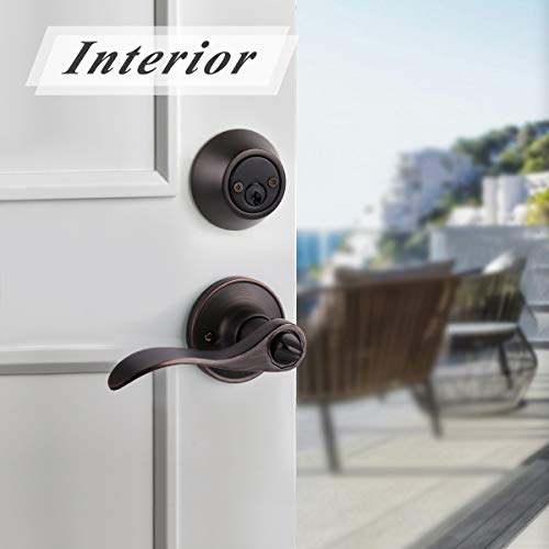 Probrico Oil Rubbed Bronze Exterior Entry Lever And Double Cylinder Deadbolt Combo Pack,Keyed Alike Lockset Handleset For Front Door Entry Lock Set,Wavy Style #TOP3
