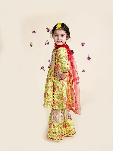 Pspeaches Girls Yellow Floral Printed Pleated Pure Cotton Kurta With Sharara With Dupatta (Yellow-4-5Y)
