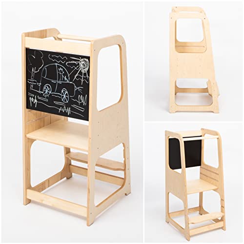 Torre Di Apprendimento Montessori Per Bambini 72x40x58 Cm | Sgabello Da Cucina Con Ringhiera Anticaduta In HDPE | Sedia Educativa Per Lavarsi E Cucinare