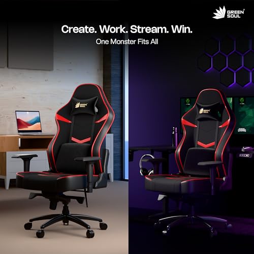 Image of Green Soul Monster Ultimate Series T | Multi-Functional Ergonomic Gaming & Office Chair | Premium Spandex & PU Leather Fabric | Adjustable Neck, Lumbar Pillow | 4D Adjustable Armrests (Black Red)