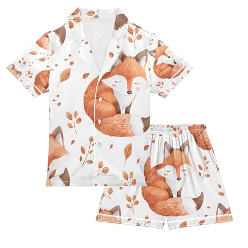 senya Cute Watercolor Fox A Satin Summer Pajama Sets Silk Short Sleeve Button Down Sleepwear