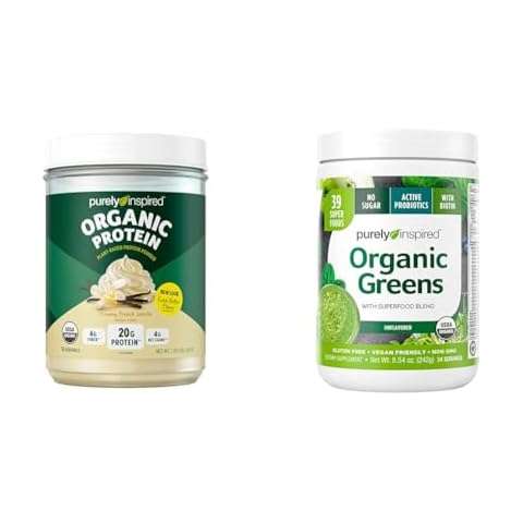 Purely Inspired Plant Based Organic Vegan Protein Powder & oothie Mix Organic Greens Powder Superfood, Unflavored, 24 Servings (Package May Vary), 8.54 Ounce (Pack of 1) Cover