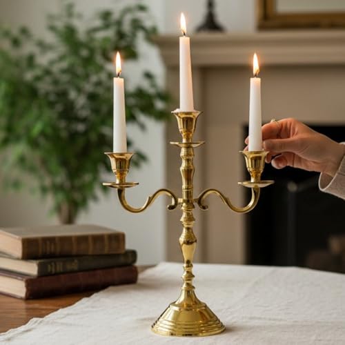 Image of 3 Arm Aluminum Candelabra Gold Finished 12 Inch Candelstick Holders Gothic Decorations | Candle Holder for Home Decor, Wedding & Centerpiece for Dining Table