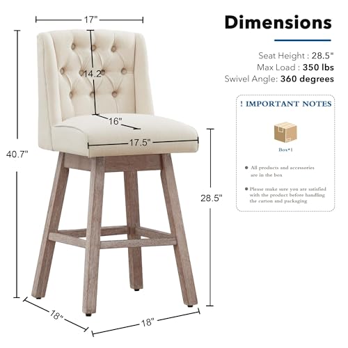 Image of 28.5 inch Swivel Bar Stools Set of 2, Counter Height Barstools with Back, Linen Fabric Upholstered Bar Stools, Modern Barstools Wood Legs for Kitchen Island Dining Room Bar