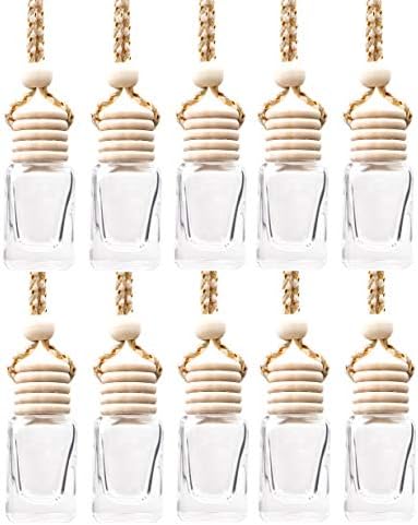 10 Pcs 8ml Hanging Car Air Freshener,Empty Clear Glass Cylindrical Essential Oil Diffuser Perfume Aromatherapy Pendant Bottle Vials With Wooden Caps & Hanging String--FREE 1 Funnel&Dropper