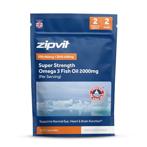 Zipvit Omega 3 Fish Oil 2000mg per Serving Including EPA 660mg DHA 440mg, 120 Softgel Capsules in Pouch, 2 Months Supply, High Strength, Supports Heart and Brain Function