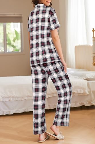 Image of Ekouaer Womens Pajamas Set Print PJs Soft Button Down Sleepwear Short Sleeve Nightwear with Long Pants Small White Plaid S