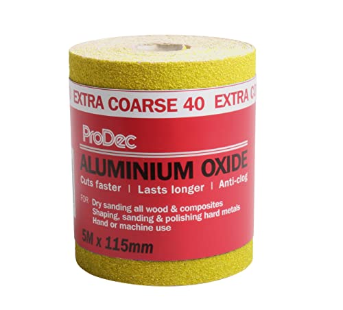 ProDec Rollo de 5 m de papel de lija abrasivo de óxido de aluminio amarillo de grano extra grueso para lijar madera, pintura, yeso, masilla, metal y más, 115 mm de ancho