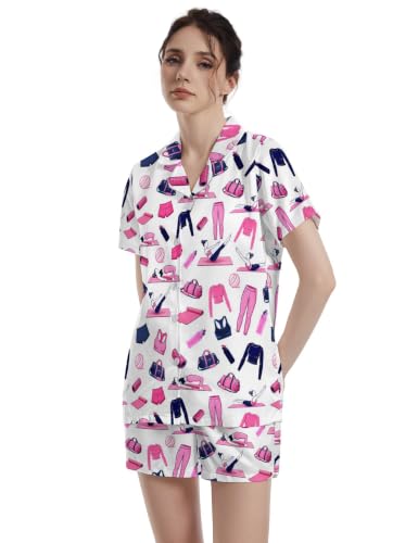 Image of Funny Pajamas for Women Set Print Satin Loungewear Pjs Short Sleeve Button Down Top and Shorts Sets Sleepwear XS-3XL