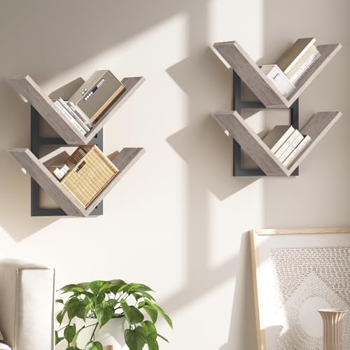 HOOBRO Floating Shelves for Wall, Set of 2 Wall Mounted Shelves, 2-Tier Wooden Hanging Shelves Storage Racks, Tree Bookshelves, for Living Room, Bedroom, Office, Greige and Black BG55BJP201
