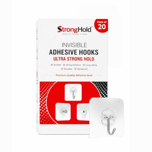 Image of StrongHold Invisible Adhesive Wall Hooks - 20 Pcs Clear Hooks for Hanging Without Drilling, Reusable Waterproof Hooks for Bathroom, Kitchen, Home & Office Organization