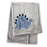 Levtex Baby - Kipton Plush Blanket - Appliqued and Embroidered Dinosaur on Grey Plush - Blue, Grey, Navy - Nursery Accessories - Blanket Size: 30 x 40 in.