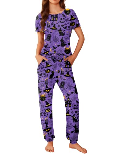 Image of Ekouaer Pajamas for Womens Set Soft 2 Piece Loungewear with Jogger Pants | Comfy Pjs, Crew Short Sleeve Top, Casual Sleepwear with Side Pocket, Lounge Set for All-season, Daily Sleeping, Home Lounging