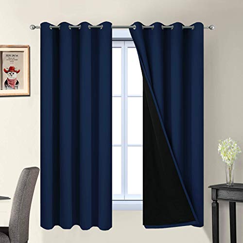 Image of Yakamok Navy Blue 100% Blackout Curtains 63 Inches Long 52 inch Wide, 2 Panels | Blackout Curtain Panels for Bedroom, 2 Thick Layers Grommet Top Thermal Insulated Drapes with Black Liner for Living Room