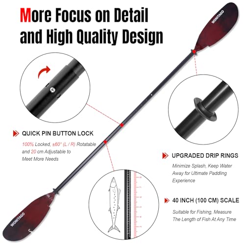 WONITAGO Angler Kayak Paddles Aluminum Paddle with Plastic Blades and Paddle Leash, Floating Adjustable Fihsing Kayak Oars, 3 Piece, 230-250cm/90-98 inch Red