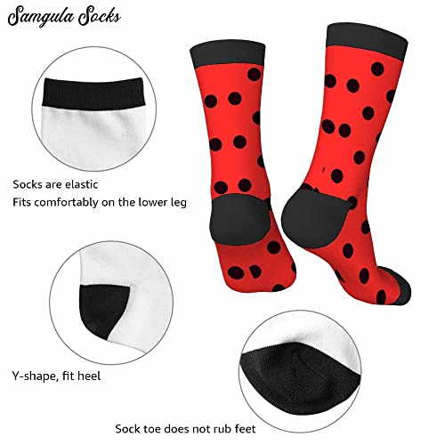 Image of Red Striped Crew Socks for Woman Size 6-8 Christmas Tree Moose Snowflake Dots Lines Girls Socks