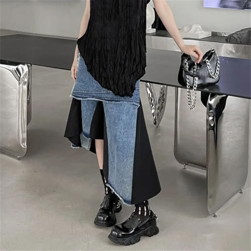 Women's Maxi Skirt Vintage Irregular Layered Patchwork Denim Button High-Waisted Party Long Skirts3