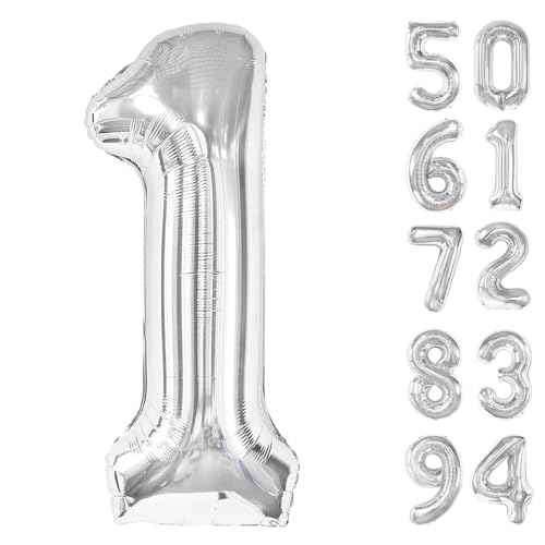 Image of 40 Inch Silver 1 Balloon for First Birthday, 1st Number Balloons Birthday Decorations, One Giant Number 1 Balloon