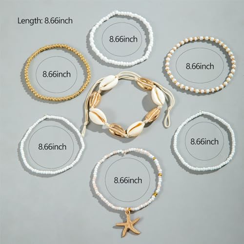 Image of Shell Anklets Bracelet for Women Waterproof Surfer Starfish Bracelet Puka Shell Anklet Colorful Boho Stack Stretch Bead Bracelet Set Hawaii Summer Beach Vacation Foot Jewelry