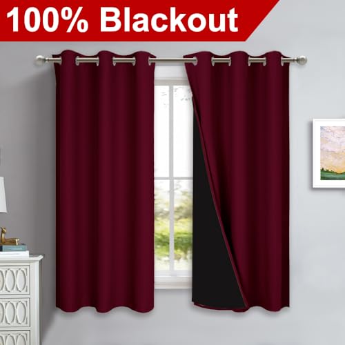 Image of NICETOWN 100% Blackout Short Curtains with Black Liners, 2 Panels, 37 inch W by 60 inch L, Wine Red, Solid Thermal Insulated Full Blackout 2-Layer Lined Drapes, Energy Efficiency Window Draperies for Bedroom