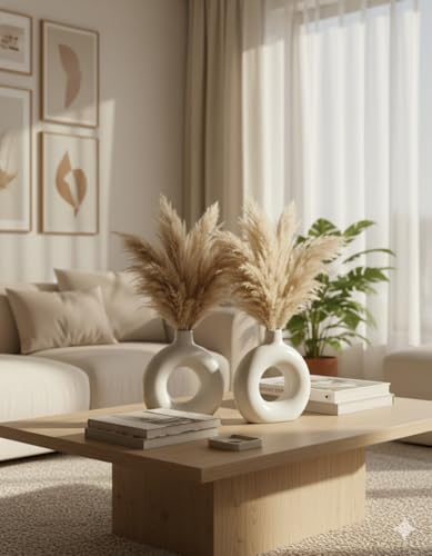 Image of Ceramic Donut Vase Modern Flower Vase | Decorative Centerpiece Vase for Pampas Grass Dried Flowers | Minimalist Home Office Table Decor | Handcrafted Gift (9 Inch (Pack of 2))
