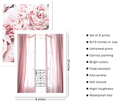 Vintage Fashion Paris Wall Art Prints Set of 6 Black and White Canvas Poster Eiffel Tower Pink Flower Doors Windows Pictures Photos Wall Decor for Office Bedroom Living Room (8"x10" UNFRAMED)