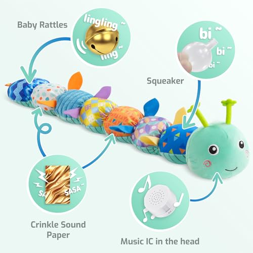 Image of Sumobaby Baby Toys Musical Caterpillar, Stuffed Animal Activity Soft Toys with Teether,Multi-Sensory Crinkle, Rattle and Textures, for Tummy Time Baby Toys 0 to 12 Months Boys,Girls,Caterpillar(Blue)