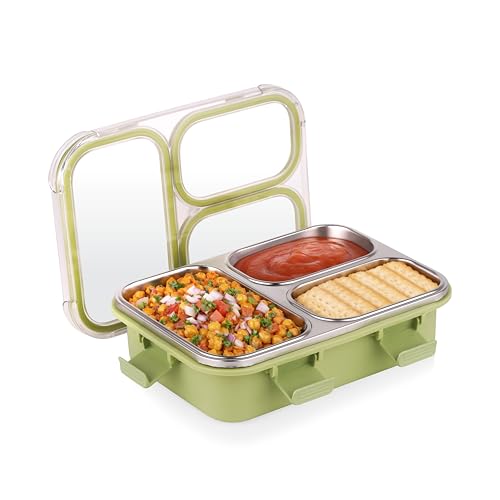 Image of ATTRO Trio Meal Stainless Steel Lunch Box with 3 Partition, Microwave Safe, Airtight Leakproof Silicone Seal Lid, BPA-Free Food Grade Tiffin Box for Office School Kids - 600ml - Green