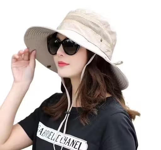 Round Crown Hat Sun Visor Hats for Women UV Protection Wide Brim Summer Cap for Girls UV Breathable Casual Beach Hat, Safari Hat Sun Protection Cap for Women Girl Men (Beige)