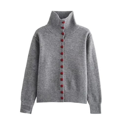 Women's Vintage Turtleneck Long Sleeve Single Breasted Regular Fit Cozy Solid Knit Cardigan Sweater