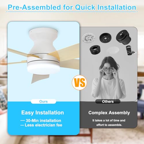 Image of Depuley Modern Ceiling Fan with Light: 42-Inch White Small Fans for Bedroom Indoor Outdoor - Dimmable Low Profile Ceiling Fans with Remote Control Flush Mount 5 Reversible Wood Blades 6 Speeds Timer