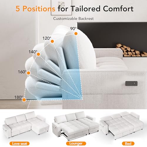 Image of Vipbear 81 inch Modular Sectional Sleeper Sofa with Pull Out Bed, L Shaped Couch with Reclining Backrest, Reversible Storage Chaise, USB Ports, Tool-Free Assembly, Chenille Beige