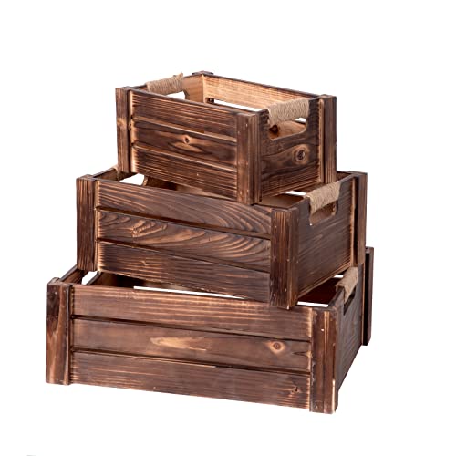TIMRIS Set of 3 Rustic Wood Nesting Crates, Farmhouse Wooden Storage Container Boxes with Cutout Handles, Decorative Wooden Baskets for Display (Rustic Brown)