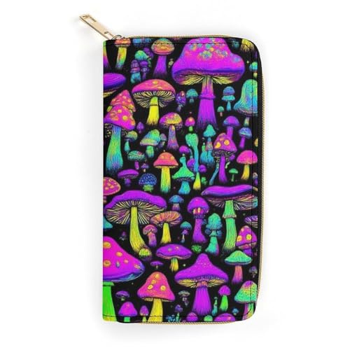Women's Travel Zipper Purse Fashion Design, Huge Storage Capacity Purse, Cute Decor Wallet, Long PU Wallet Neon Mushrooms Pattern Purple