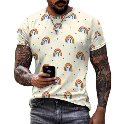 Comfortable Men's Crew Neck Fashion Printed Tee Shirt Cool Vacation Retro Rainbow and Blue Polka Dot Pattern Tee 3XL