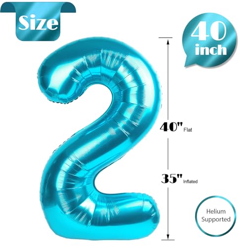 Image of Light Blue Number 2 Balloon 40 Inch, 2nd Birthday Decoration, Sparkling 2 Number Balloon Party Decor