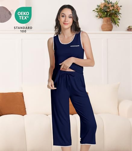 Image of NACHILA Women's Pajamas Set-Viscose Made From Bamboo, Sleeveless Pj Tank Top Capri Pants Soft Sleepwear Cooling Sleep Sets