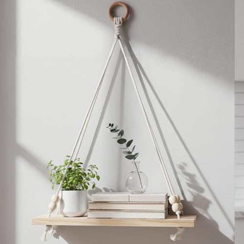 Decazone ® Macrame Wall Hanging Shelf Wood Floating Shelves with Wooden Dowel Modern Chic Woven Decor for Dorm Living Room Nursery Beige 55 x 43 cm (S