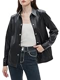 Beinia Women's Long Sleeve Pu Faux Leather Button Down Shirts, Stylish Office Work Blouse Tops Jacket, Snap Button - Black M