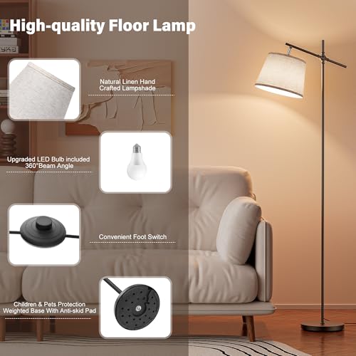 Image of SIBRILLE Floor Lamp with Linen Shade, Dimmable Tall Standing Lamp with Remote Control & 3 Color Temperatures Bulb, Modern Swing Arm Floor Lamps for Living Room Bedroom Office Corner