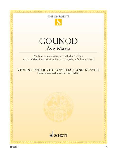 Ave Maria: Meditation about the first Prelude C major from "The Well-Tempered Clavier" by J.S. Bach. violin (cello) and piano; harmonium and cello II ad. lib..      Sheet music – January 1, 2000