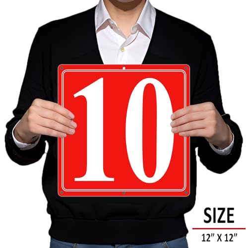 Image of Premium Aluminum Number Signs 10, Metal 12 inch X 12 inch Red Numbered Signs Outdoor for Parking Lots, Floor, Dock, Court, Aisle, Field, High Visibility, No Fade, Weather-resistant
