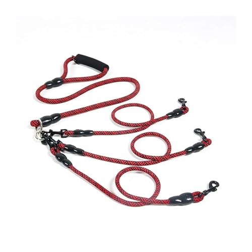 ナイロン織り 3ヘッド 1ドラッグ 犬用リーシュ ラウンドロープ ペット牽引ベルトチェーン 強力安全リード フォームハンドル(B-Red)