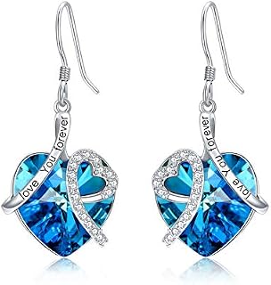 Heart Earrings Sterling Silver ''I Love You" Dangle Drop Earrings with Birthstone Crystals, Valentine Anniversary Birthday Gifts for Her Wife Mum Women Girlfriend