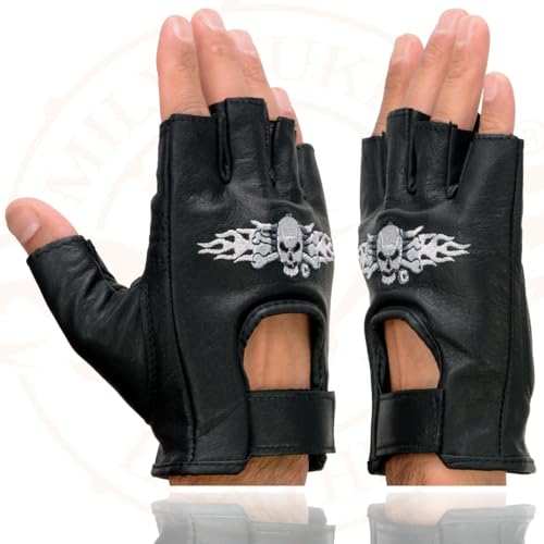 Image of Milwaukee Leather SH198 Men's Black Flame Embroidered Fingerless Gloves with Gel Palm | Padded Comfort; Vibration Relief; Flame Embroidery