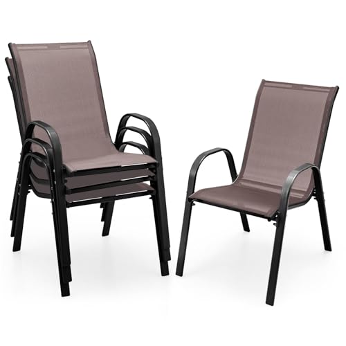 Image of Giantex Patio Chairs Set of 4, Stackable Outdoor Dining Chairs with Breathable & Quick-Dry Fabric & Armrests for All Weather, Lawn, Backyard, Poolside,Porch, Deck, 330 LBS Capacity (Brown)