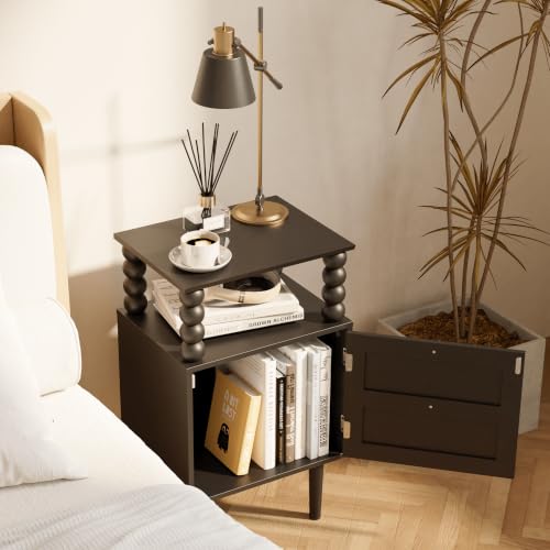 Image of Nightstand with Storage Drawer and Open Wood Shelf,Solid Wood Legs (Black) | Mid-Century Modern Bedside Table for Bedroom and Small Spaces,Easy Assembly